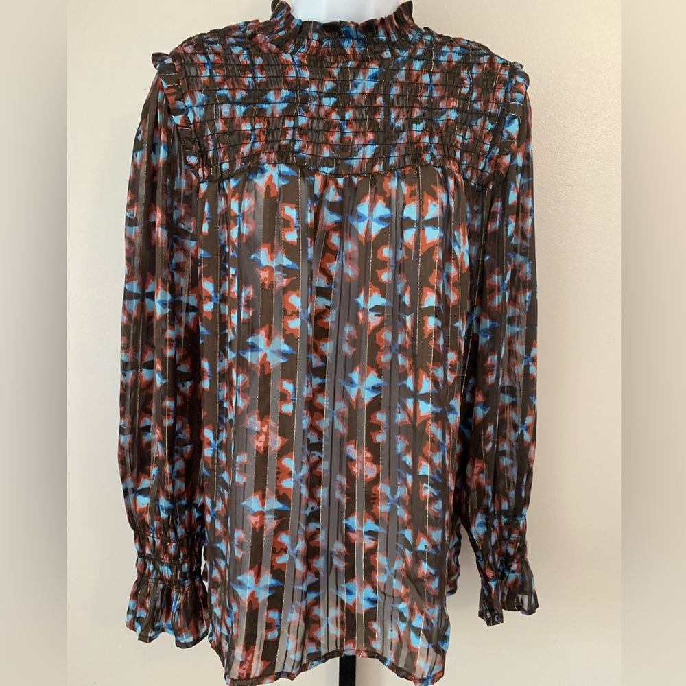 NWT Elan Ruffled Brown, orange and Blue Long Sleeve Blouse